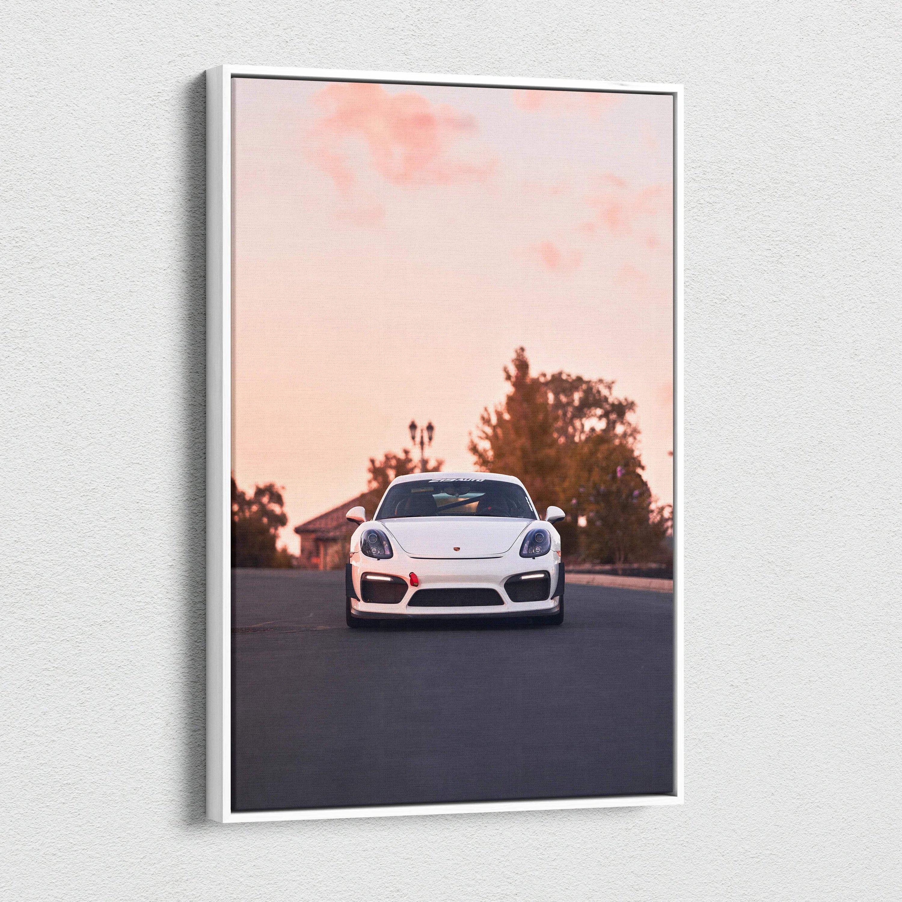 Vertical Porsche GT4 car canvas art with sunset sky, museum-quality wall art print.