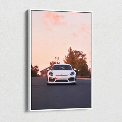Vertical Porsche GT4 car canvas art with sunset sky, museum-quality wall art print.