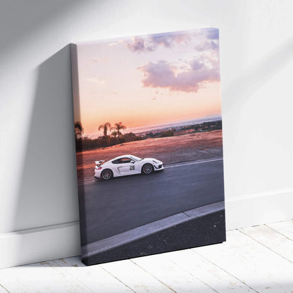 Porsche GT4 racing car at sunset on vertical canvas wall art with vibrant colors and sharp detail.