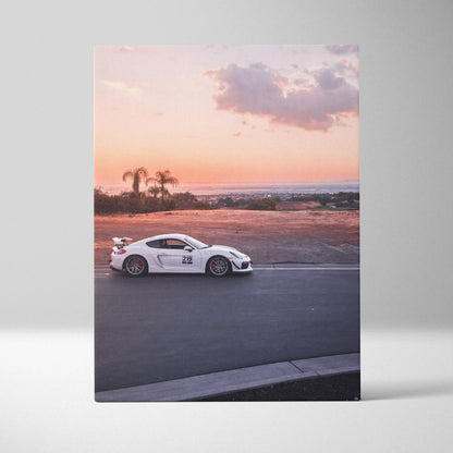 Porsche GT4 racing car on road at sunset vertical canvas art wall decor.