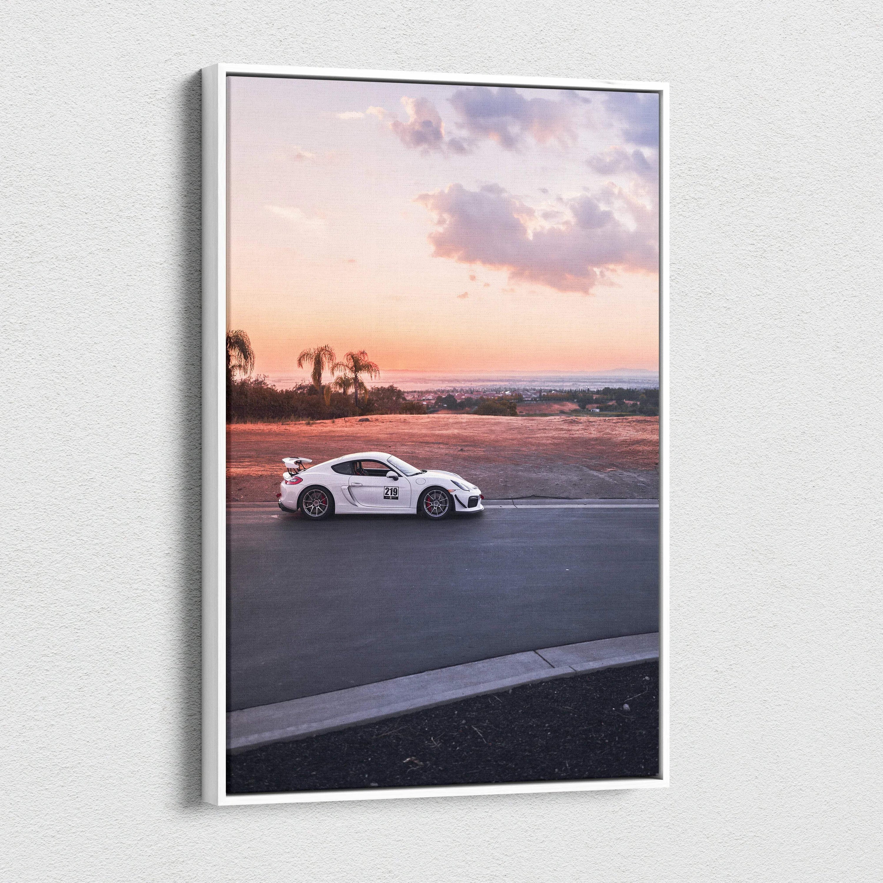 Porsche GT4 racing on track at sunset vertical canvas wall art print.