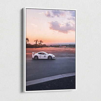 Porsche GT4 racing on track at sunset vertical canvas wall art print.