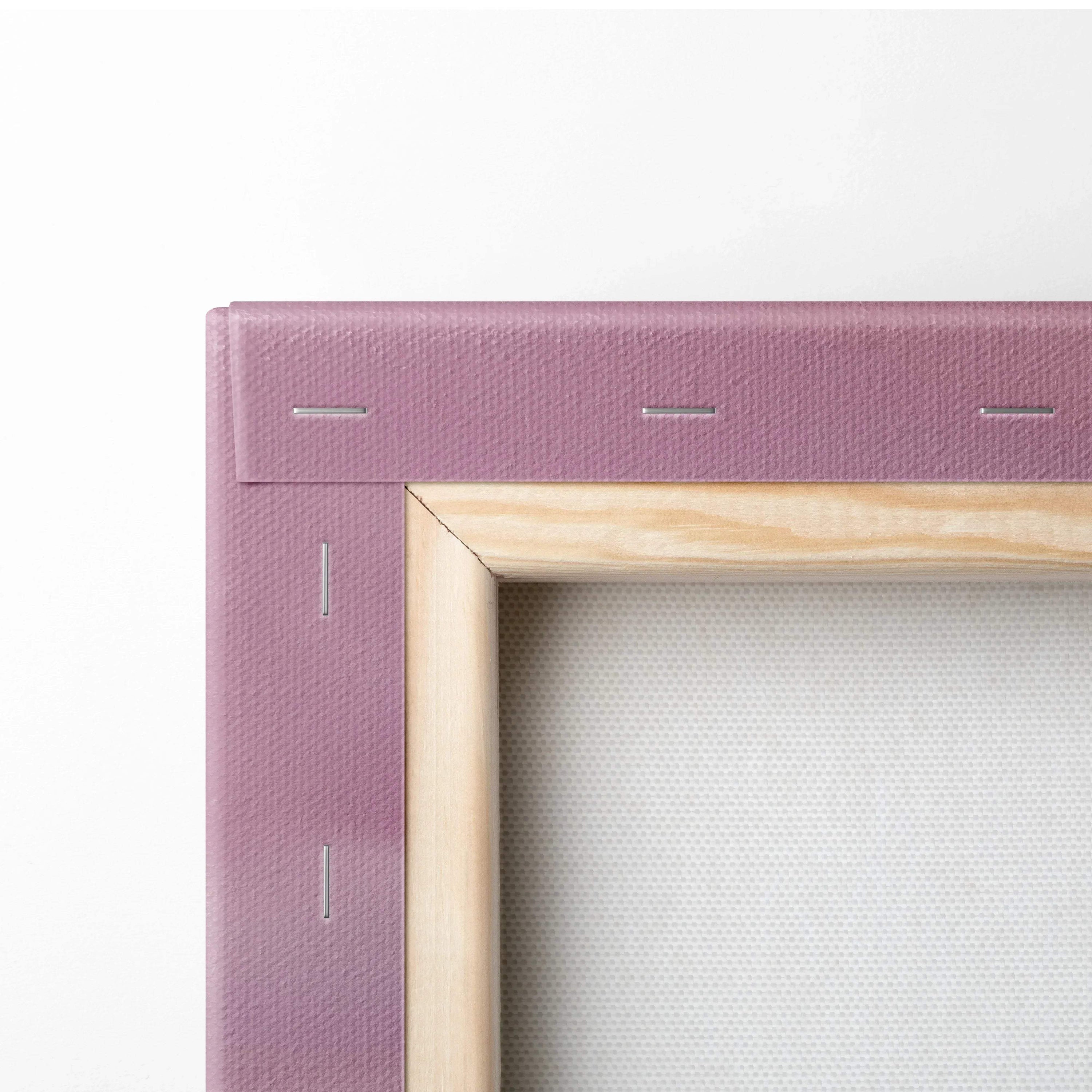 Close-up of stretched canvas corner with tight staples on wooden frame for wall art canvas print.