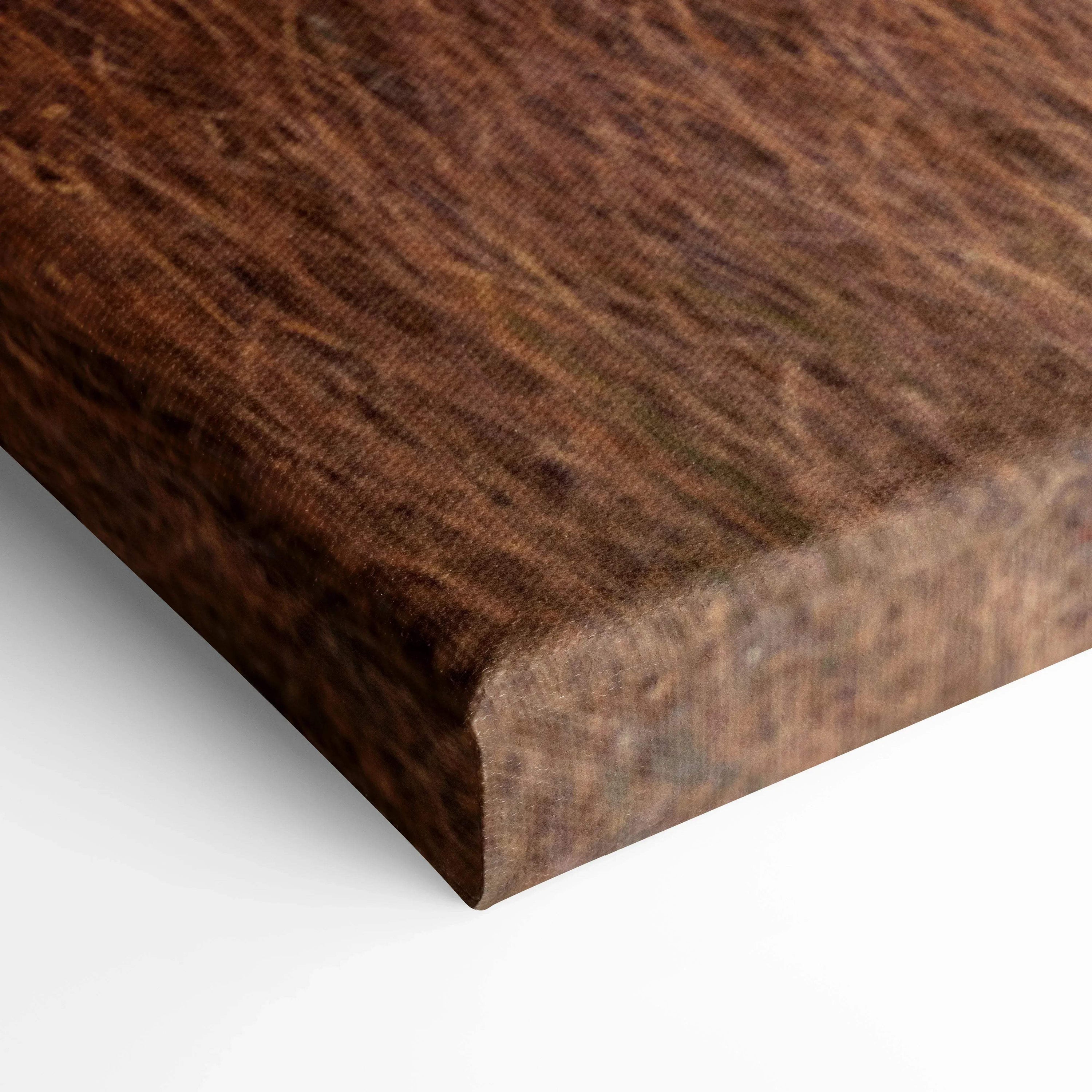Close-up of brown textured canvas corner with visible woodgrain pattern, museum-quality wall art.