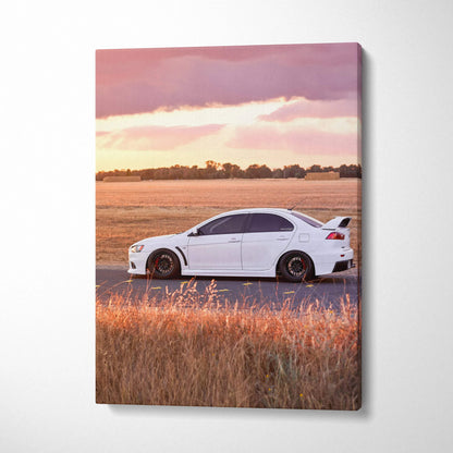 White Mitsubishi Evo 10 on road at sunset vertical canvas wall art print.
