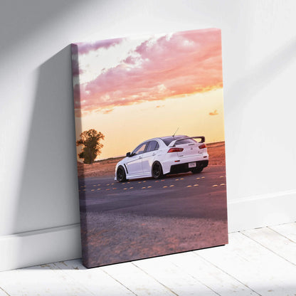 Mitsubishi Evo 10 car canvas art with sunset sky, vertical wall art decor.