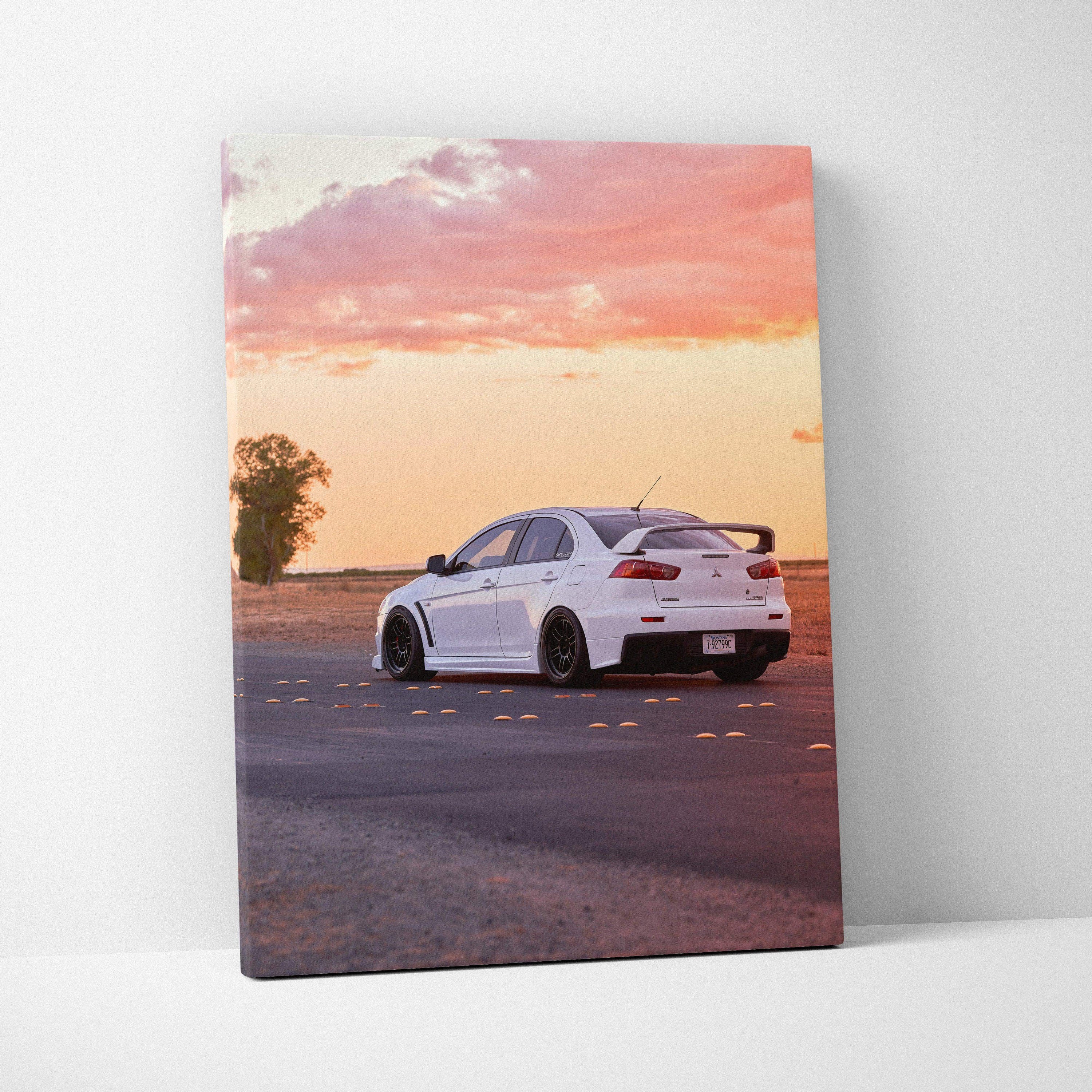 Mitsubishi Evo 10 car canvas wall art with sunset sky background, vertical canvas art print.