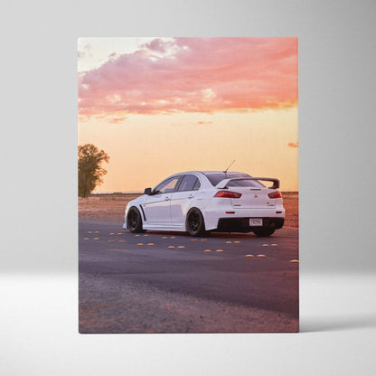 Mitsubishi Evo 10 car canvas art with sunset sky, vertical wall art print.