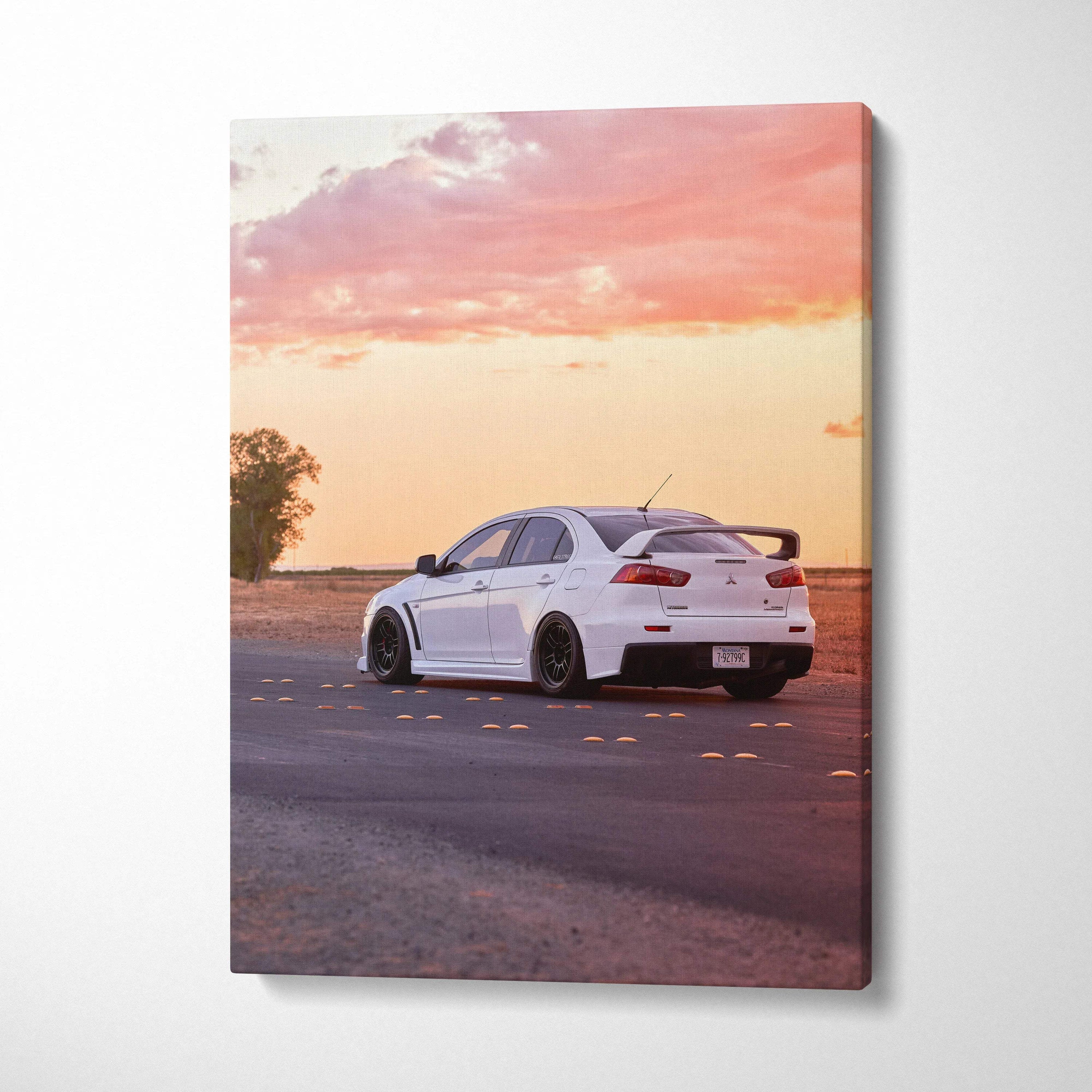 Mitsubishi Evo 10 car canvas art with sunset sky, vertical wall art print.