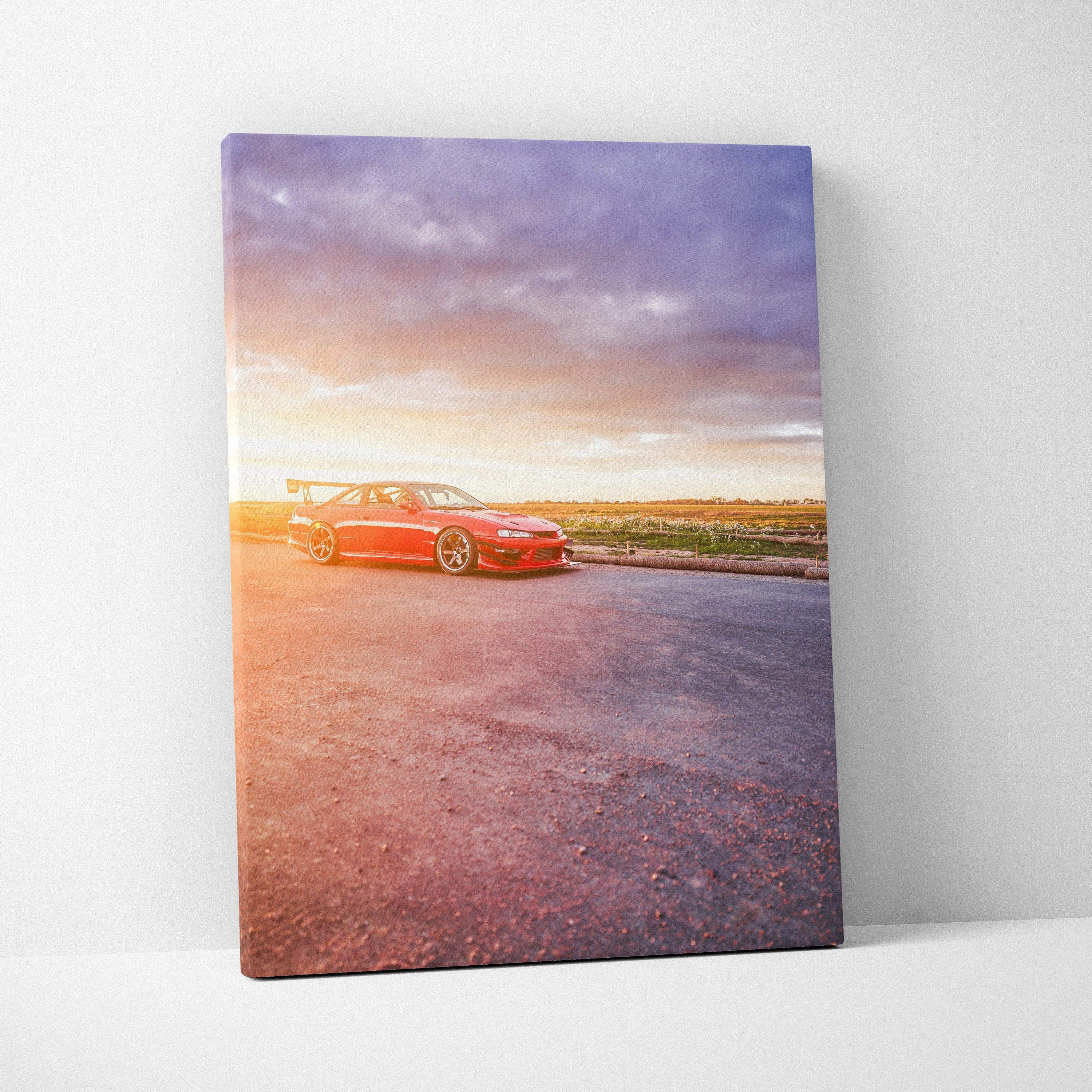 Red Nissan 240sx S14 Kouki on open road at sunset vibrant canvas wall art.