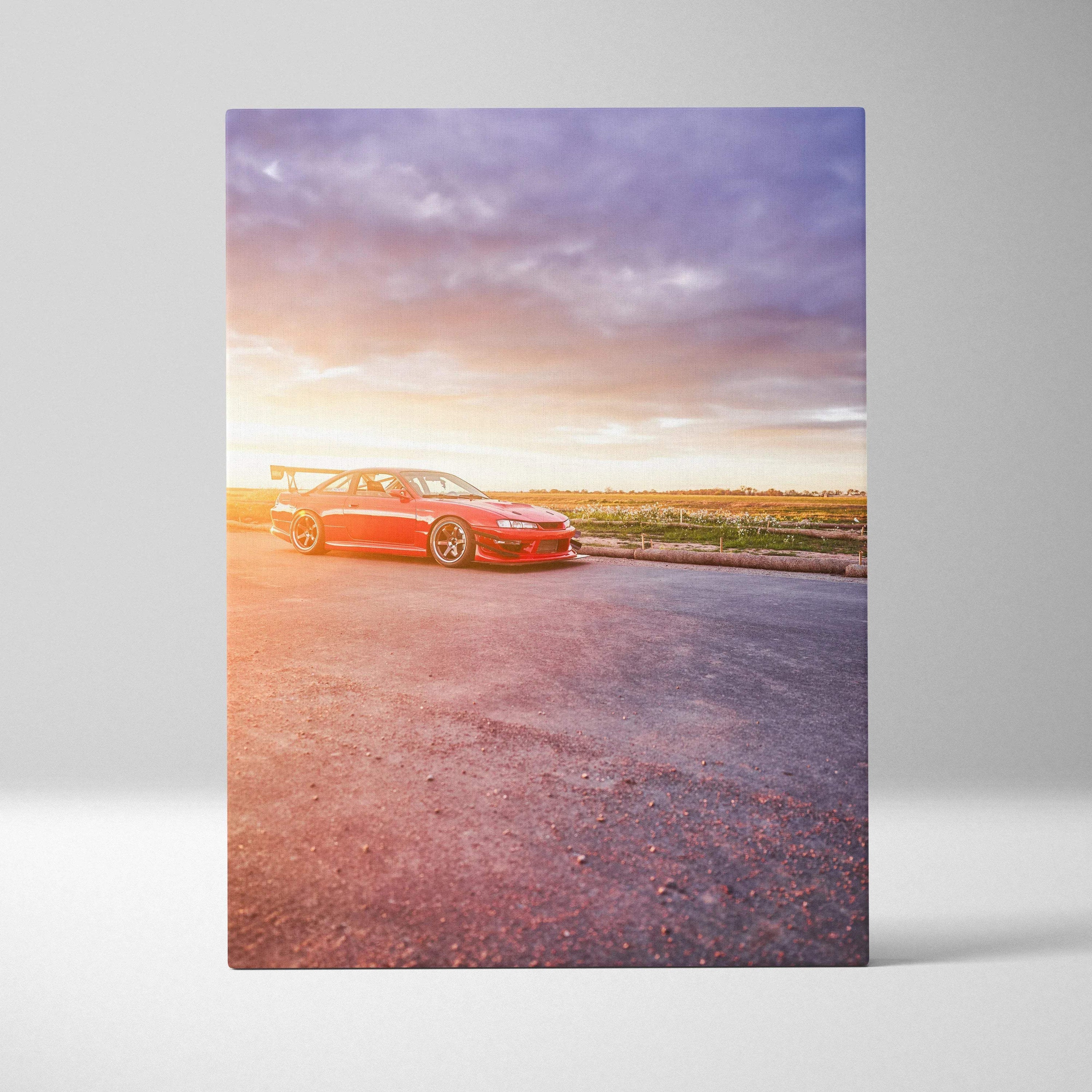 Red Nissan 240sx S14 Kouki car at sunset on high resolution vertical canvas wall art.