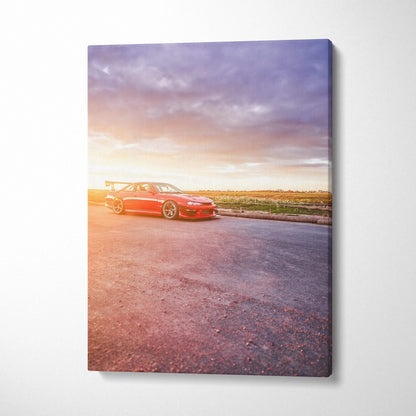Nissan 240sx S14 Kouki car at sunset on asphalt road canvas wall art print.