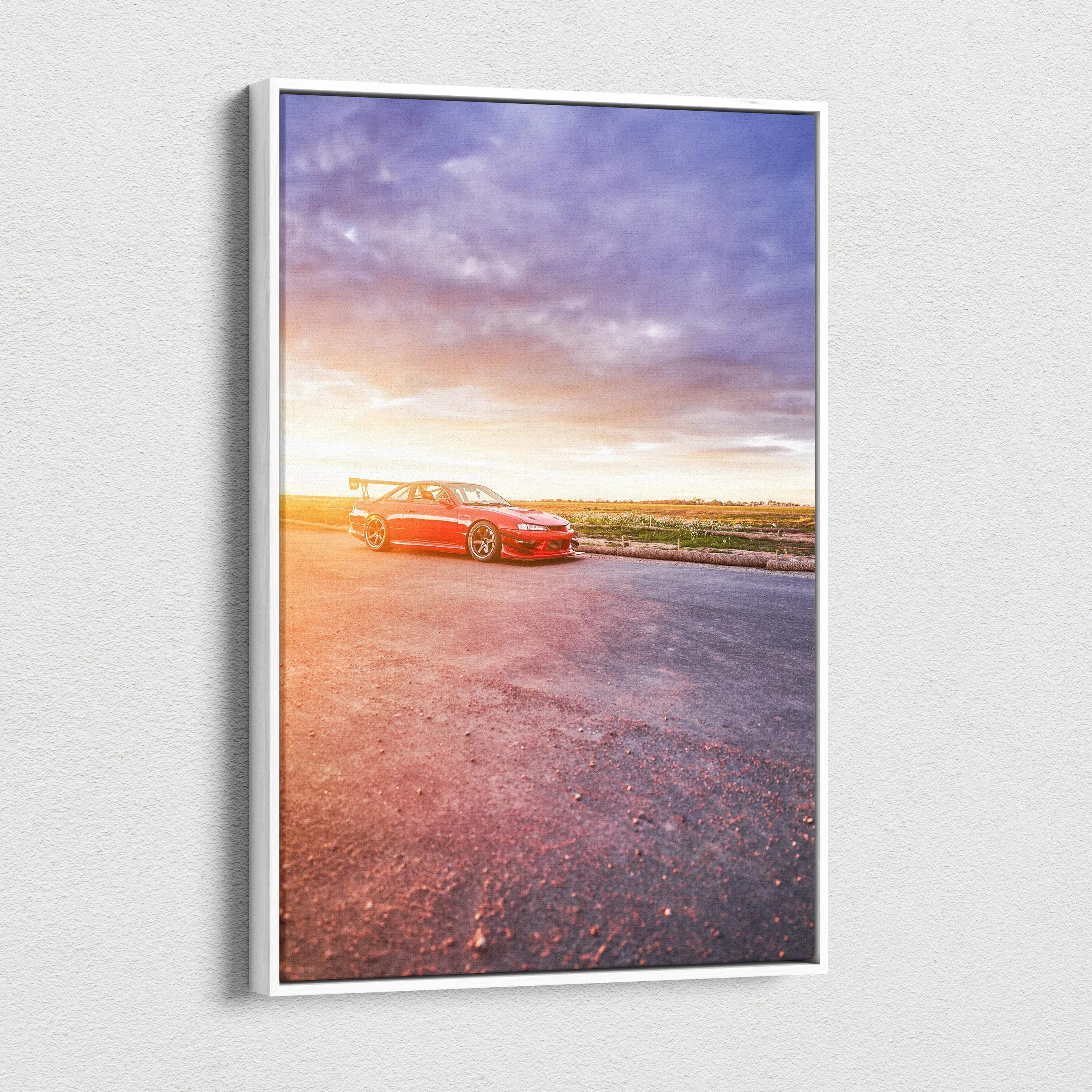 Red Nissan 240sx S14 Kouki on asphalt at sunset vertical canvas wall art print.