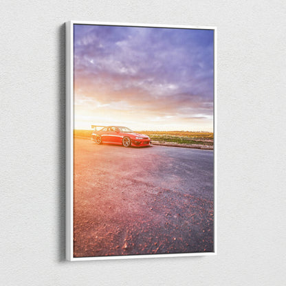 Red Nissan 240sx S14 Kouki on asphalt at sunset vertical canvas wall art print.