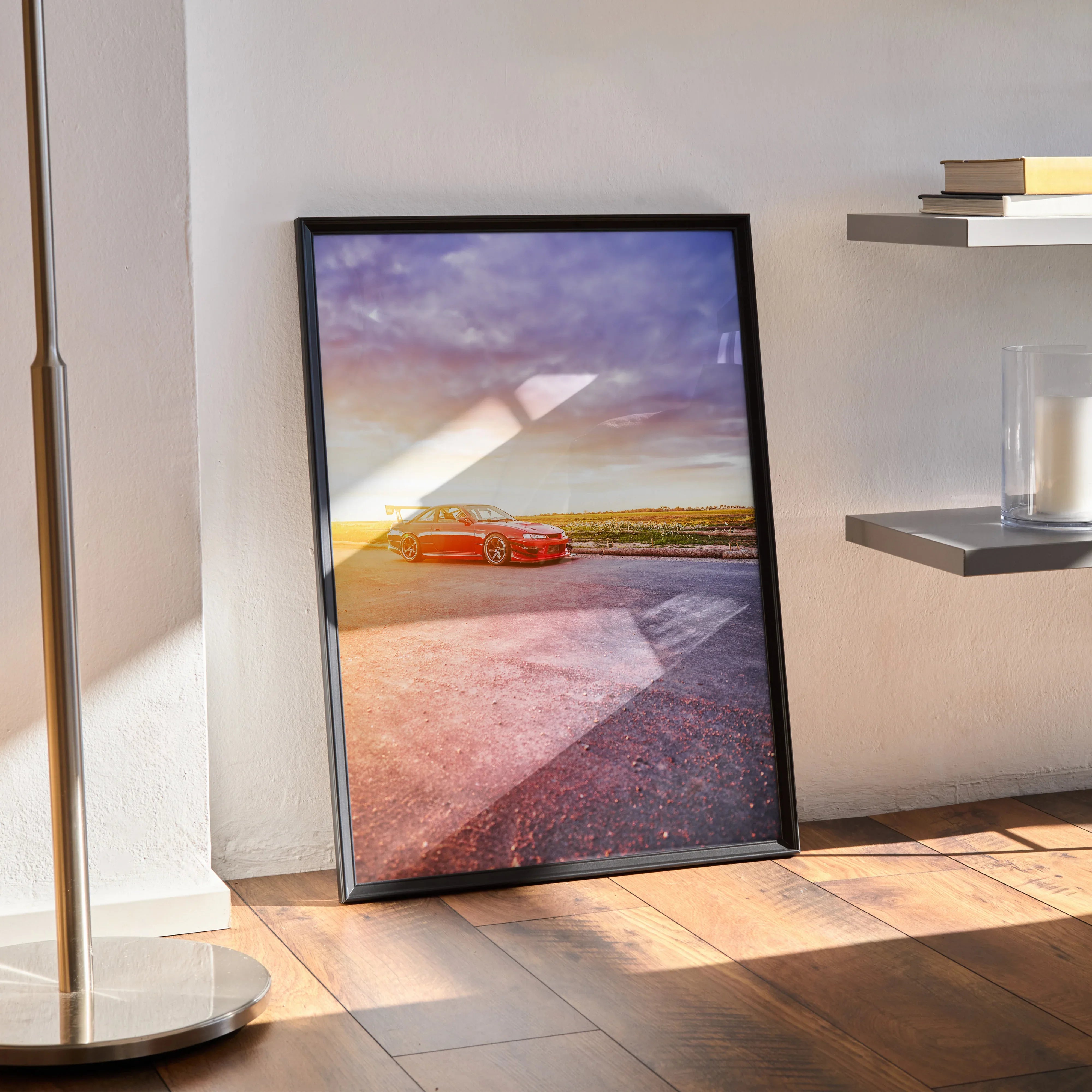 Nissan 240sx S14 Kouki poster wall art with sunset and vibrant sky in a black frame.