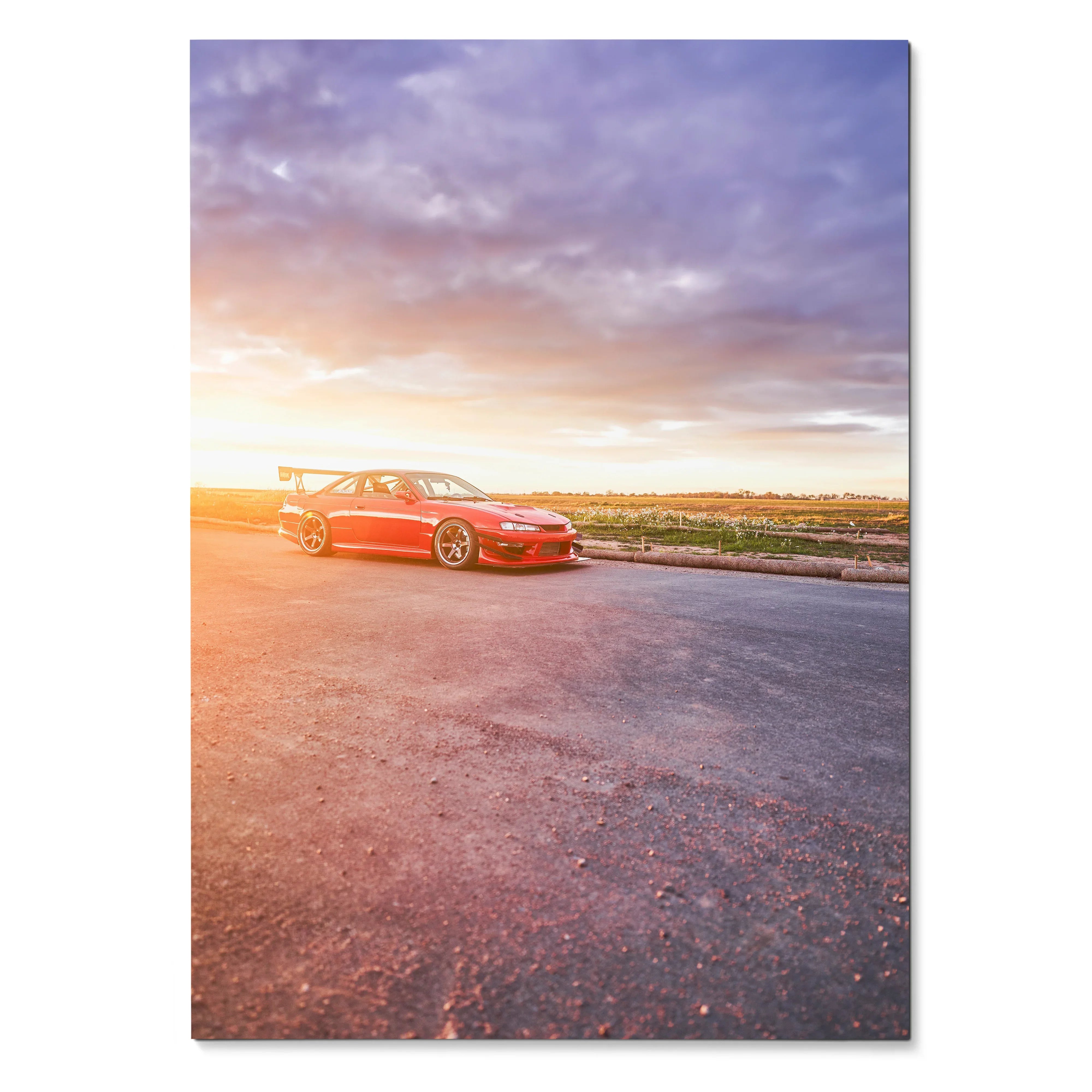 Nissan 240sx S14 Kouki red car parked on open road at sunset poster wall art.