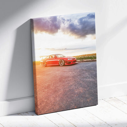 Red Nissan 240sx S14 Kouki at sunset on high resolution vertical canvas wall art.