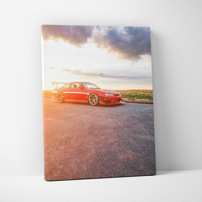 Red Nissan 240sx S14 Kouki on road at sunset printed on vertical canvas wall art.