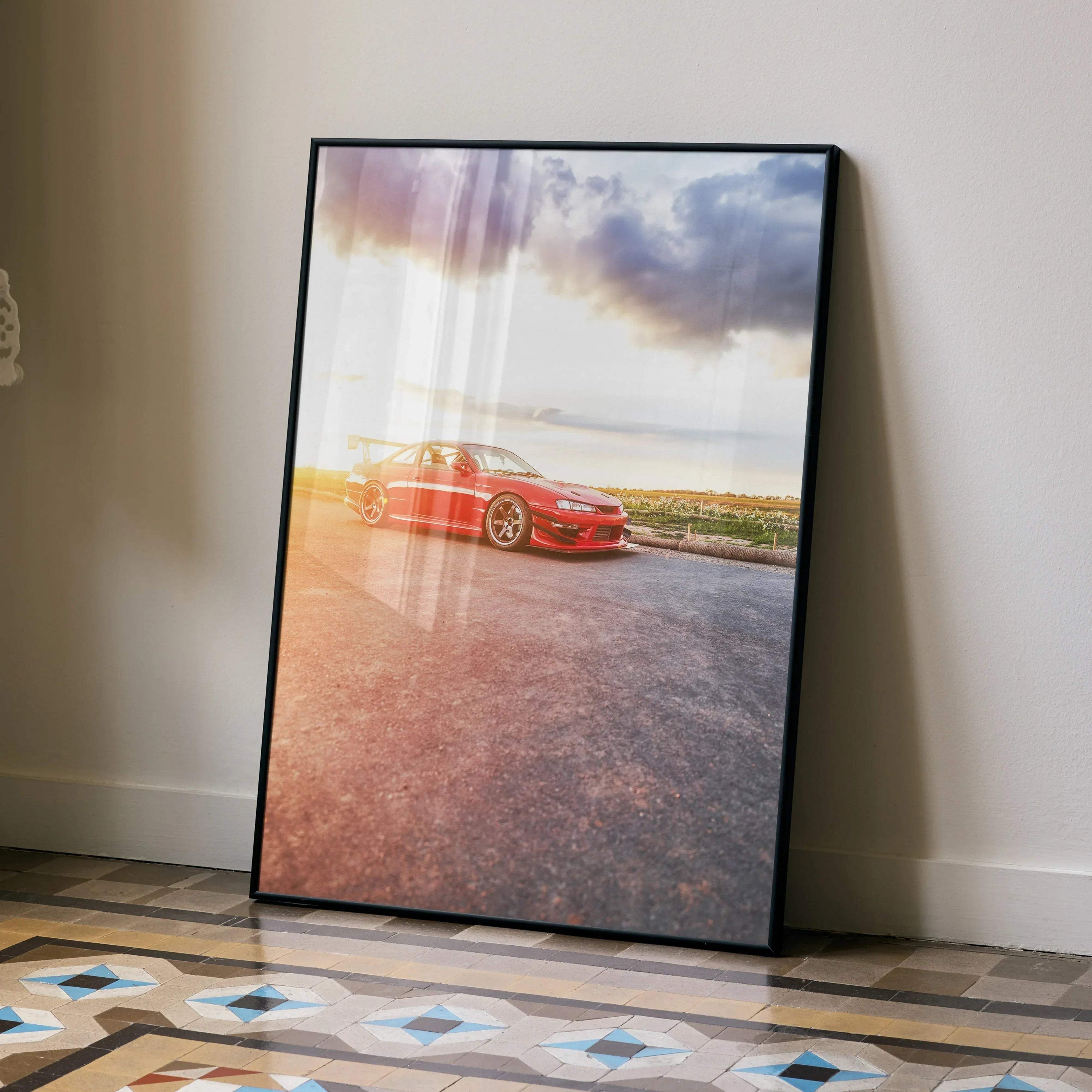 Nissan 240sx S14 Kouki red sports car poster leaning against wall with sunset sky, wall art.