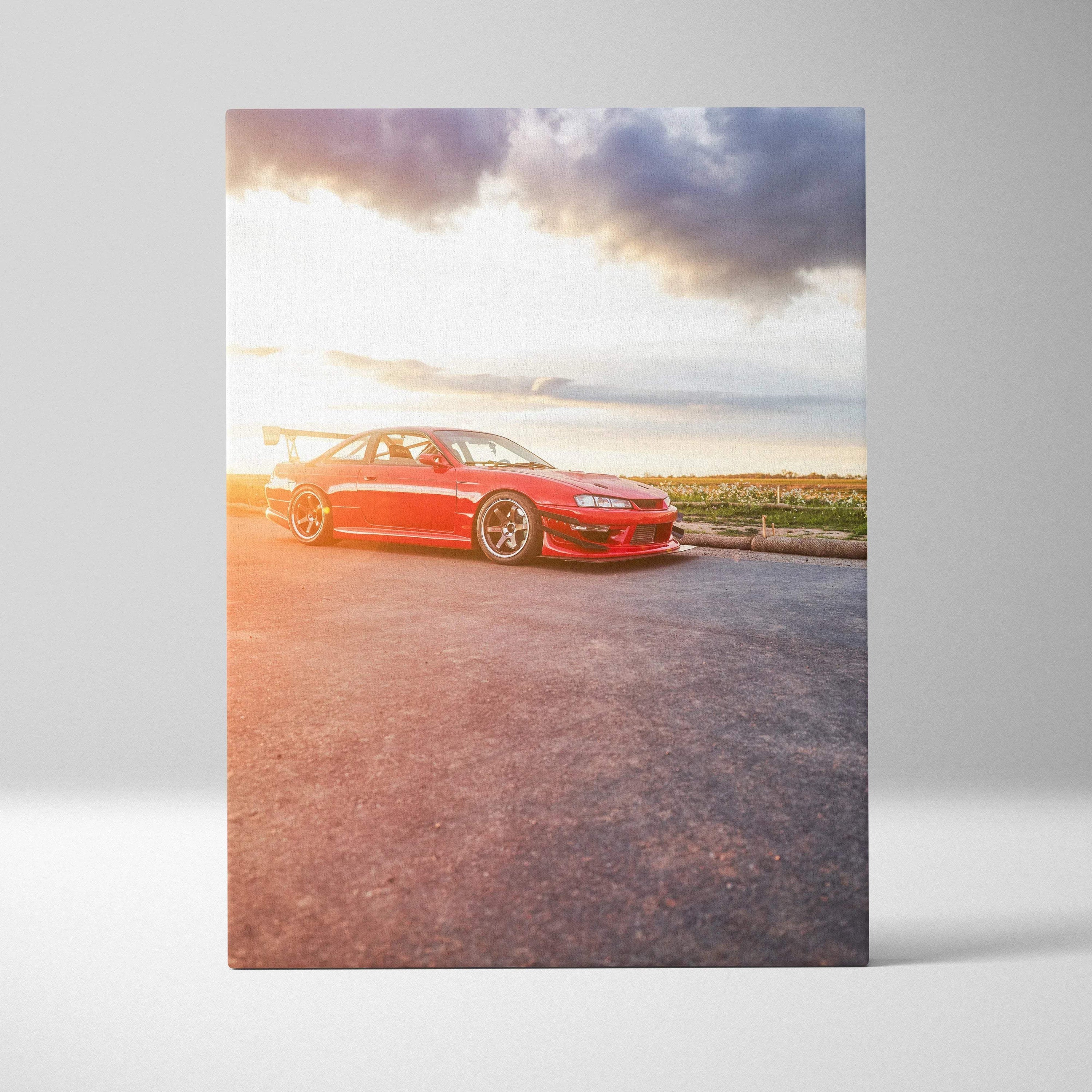 Red Nissan 240sx S14 Kouki parked on asphalt at sunset canvas wall art.