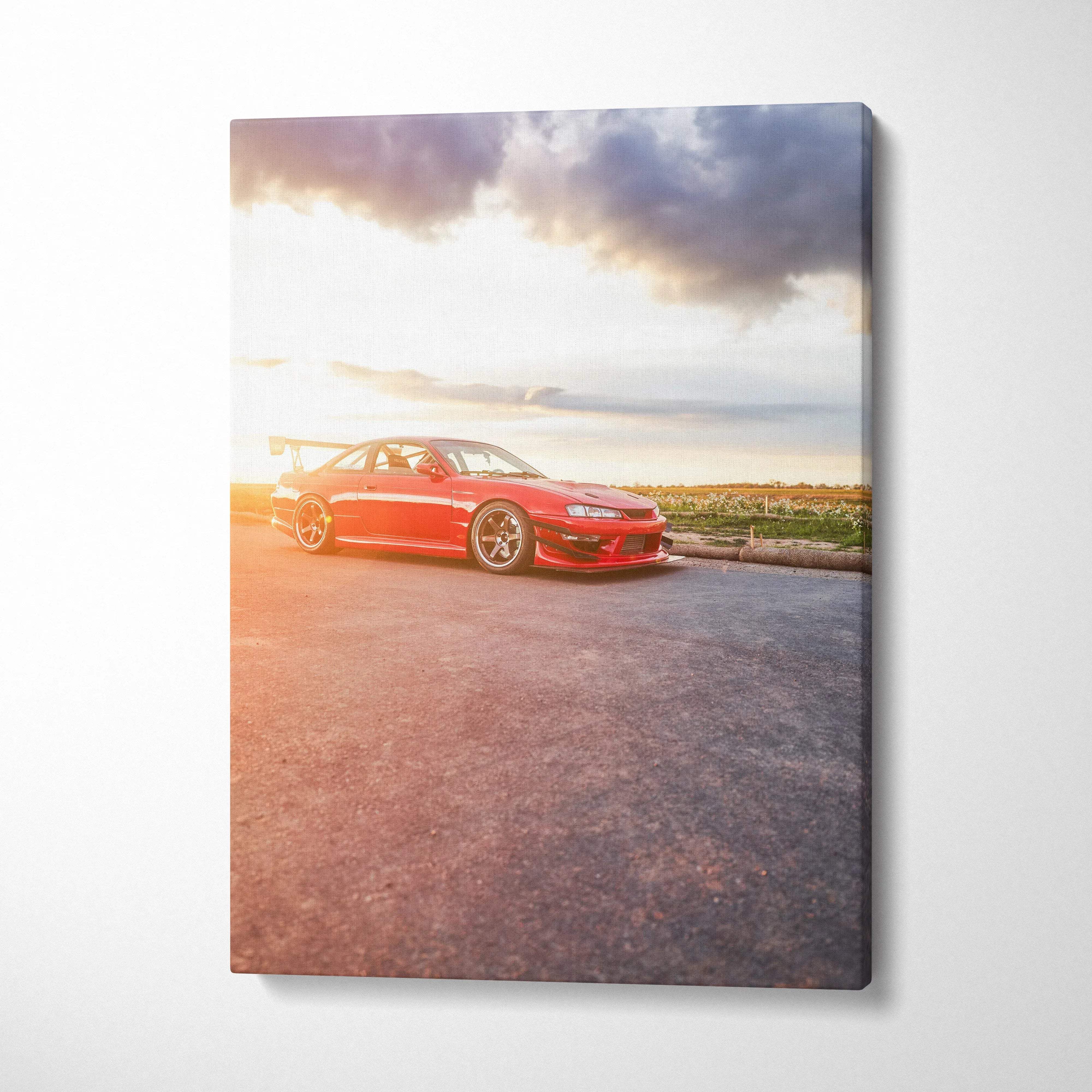 Red Nissan 240sx S14 Kouki car on sunset road canvas wall art print vertical.