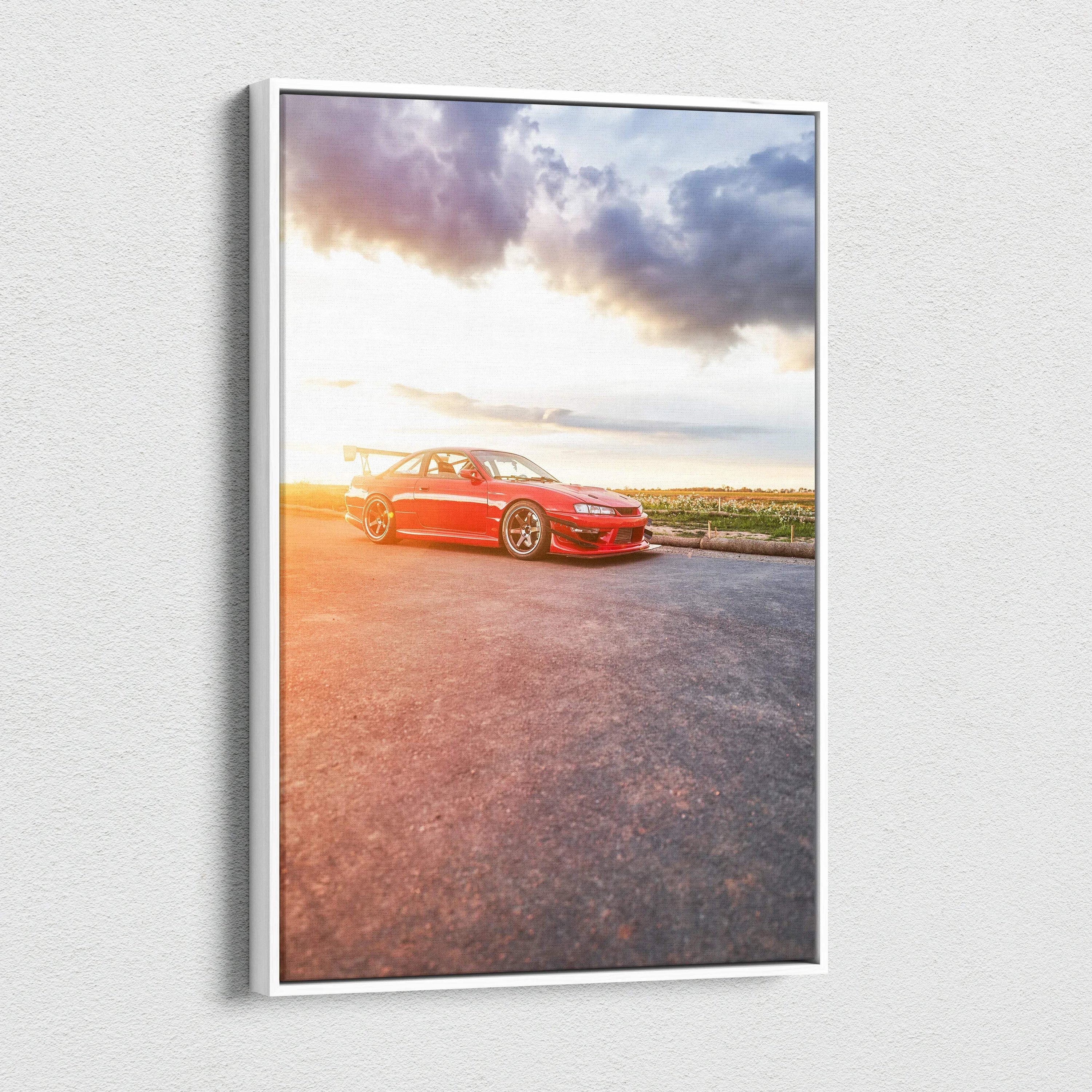 Vertical canvas wall art of red Nissan 240sx S14 Kouki at sunset with dramatic sky background.