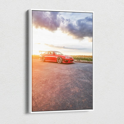 Vertical canvas wall art of red Nissan 240sx S14 Kouki at sunset with dramatic sky background.