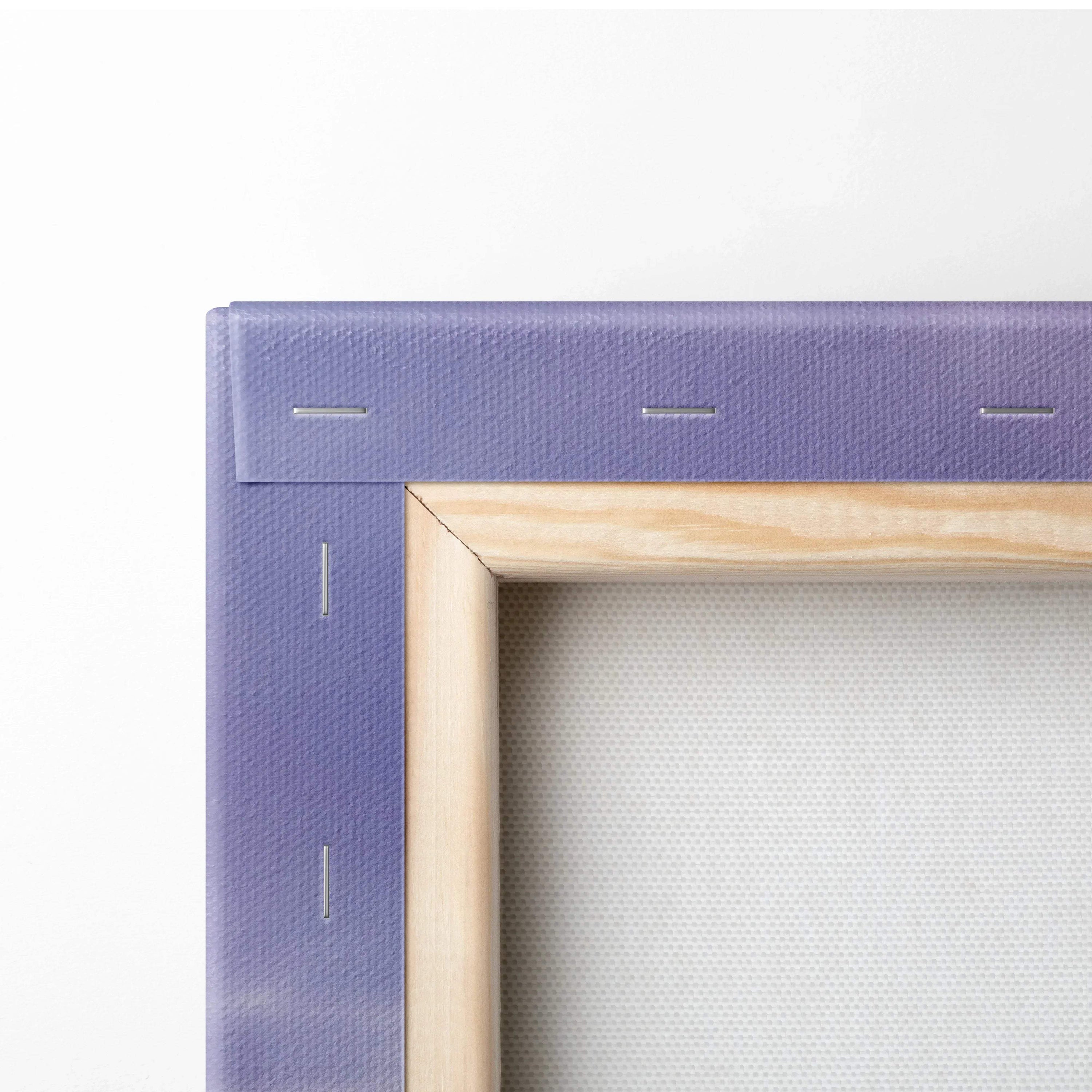 Close-up of wooden frame and purple canvas back of vertical wall art print.