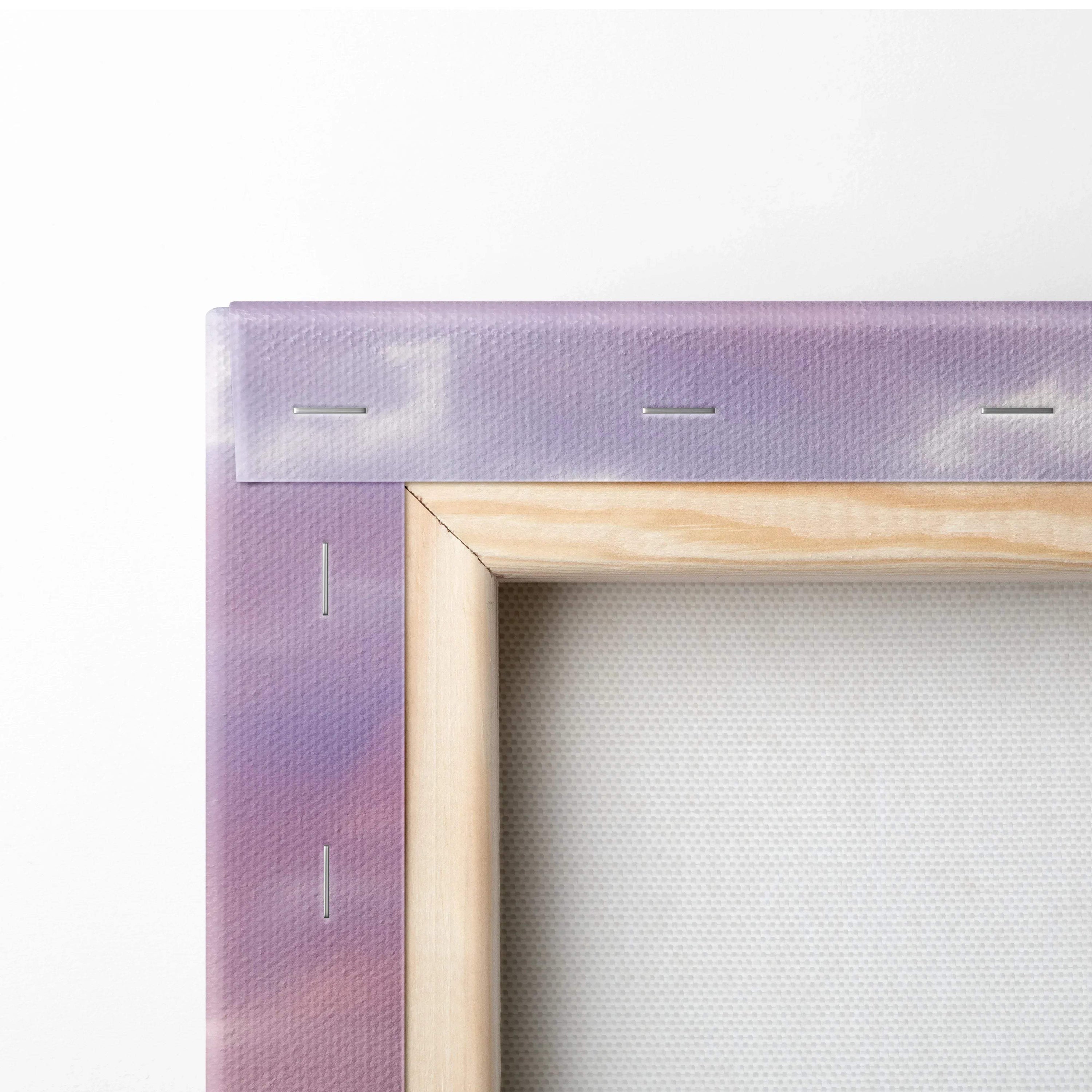 Close-up of wooden frame corner and canvas texture of Mitsubishi Evo 10 vertical wall art print.