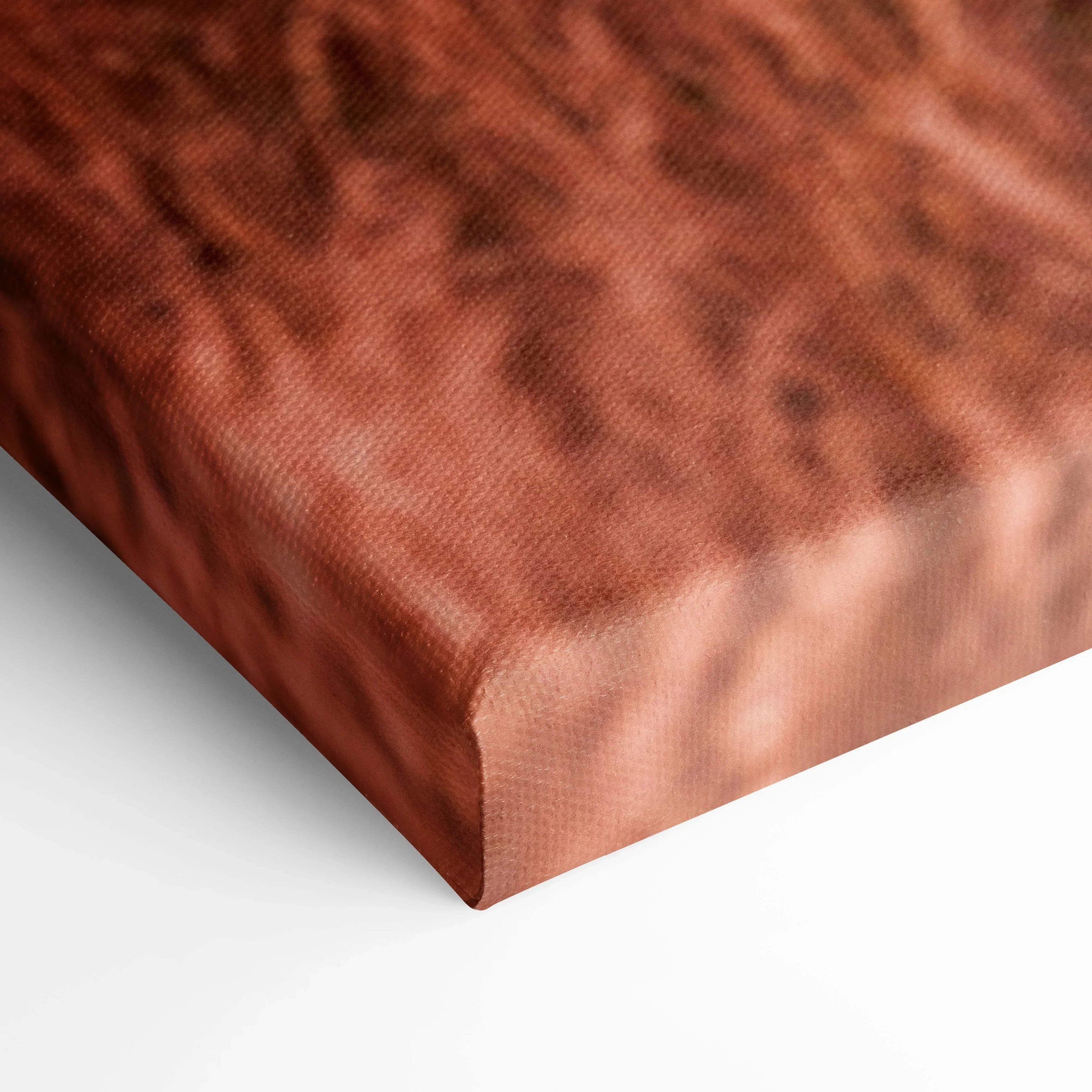 Close-up of textured brown and orange canvas wall art corner with fabric grain visible.