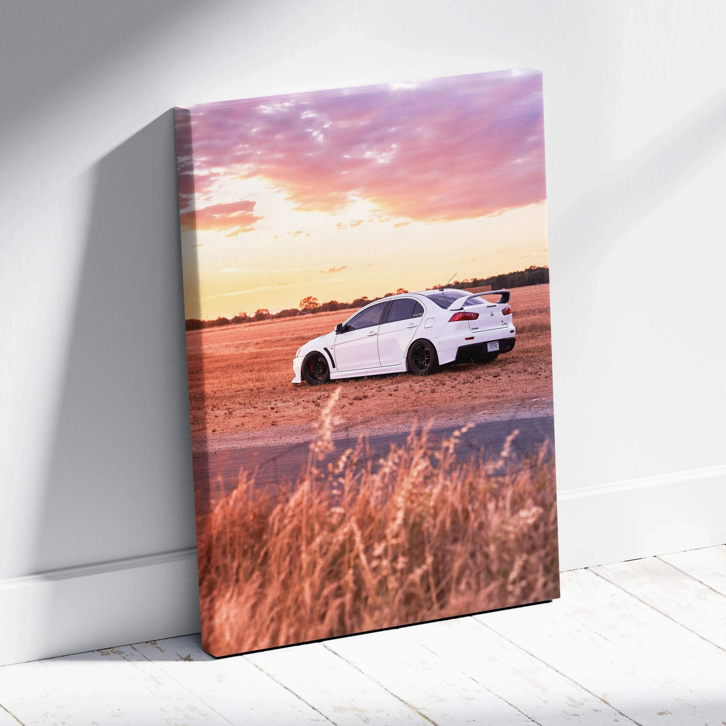 White Mitsubishi Evo 10 parked on dirt road at sunset canvas wall art print.