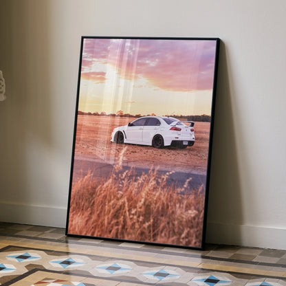 Mitsubishi Evo 10 poster with white car on desert road at sunset wall art.