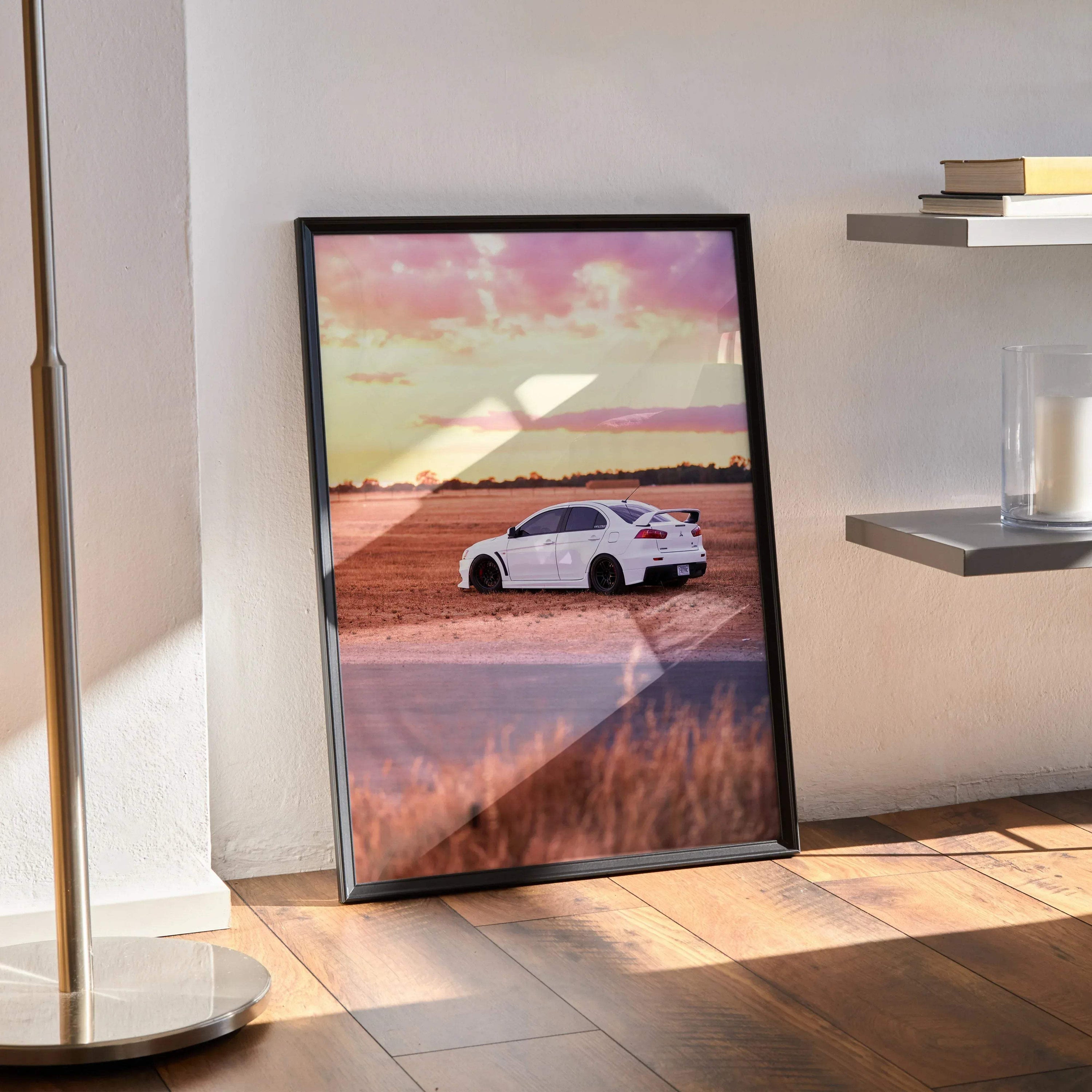 Mitsubishi Evo 10 poster with high-resolution white car on scenic road sunset background wall art.