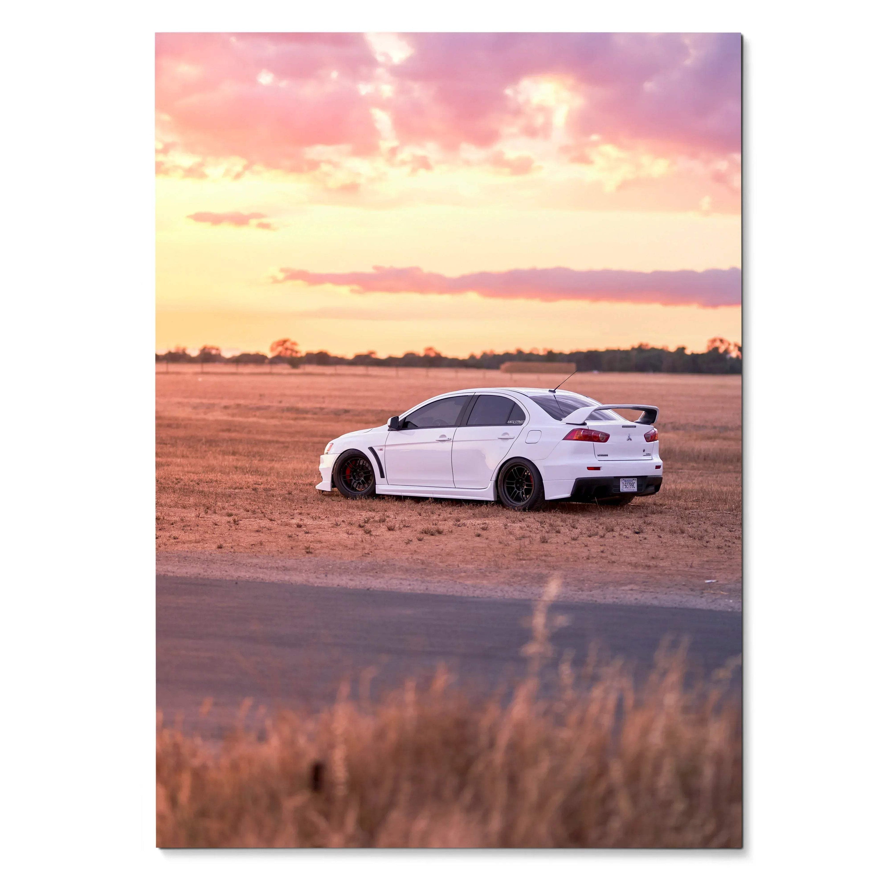 Mitsubishi Evo 10 white car poster with sunset sky and open field wall art.