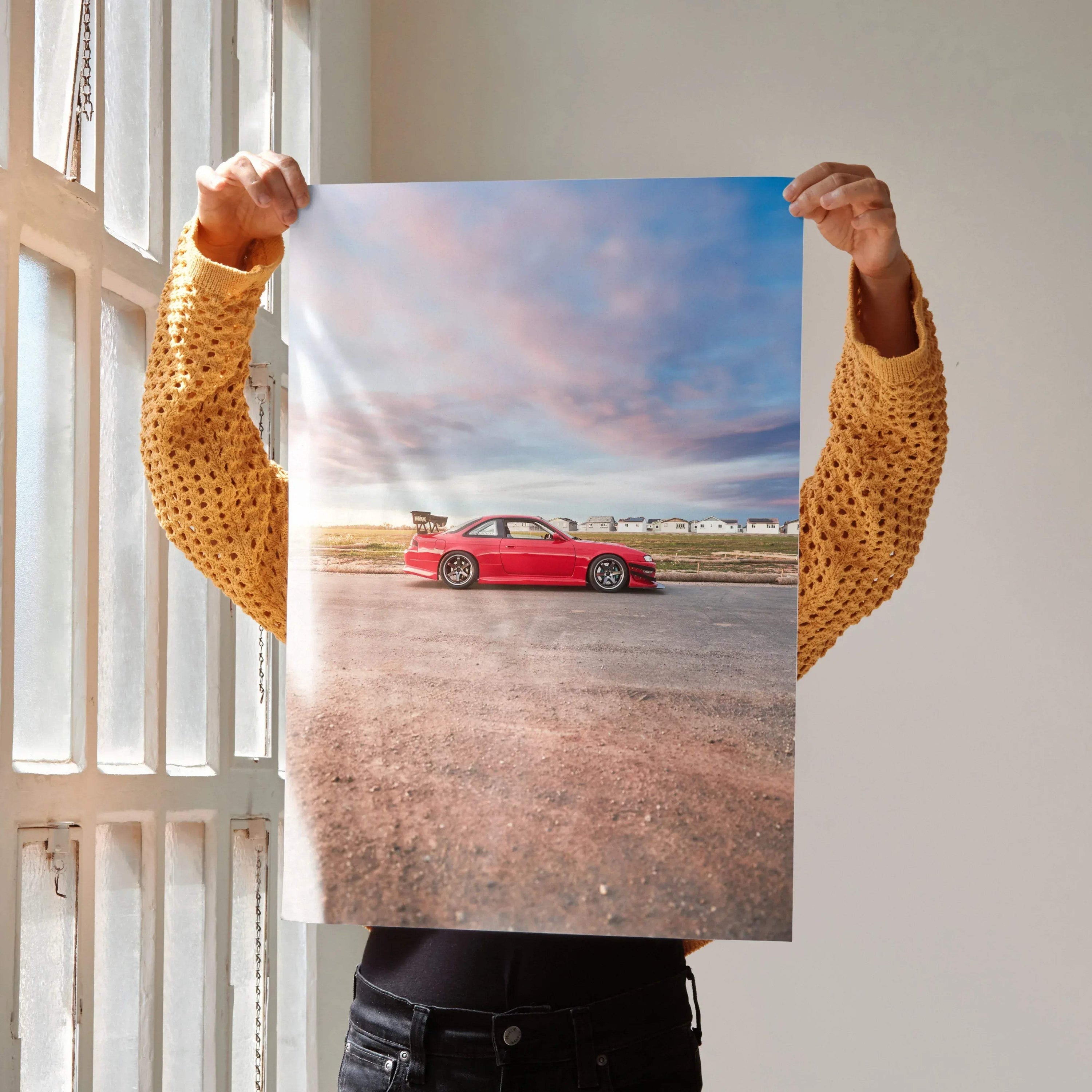 Nissan 240sx S14 Kouki red sports car poster wall art with sunset sky background.