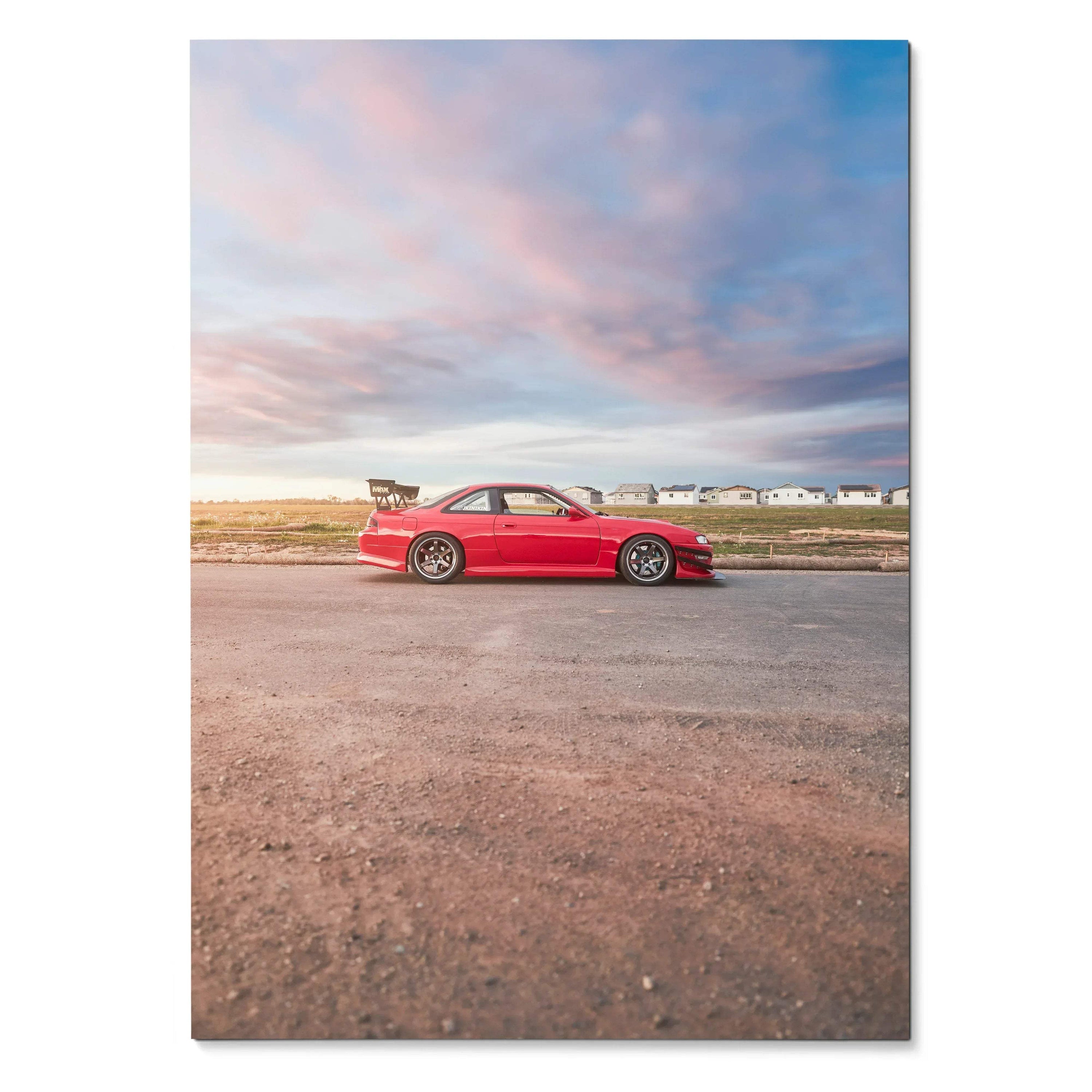 Red Nissan 240sx S14 Kouki parked on road under cloudy sky poster wall art.
