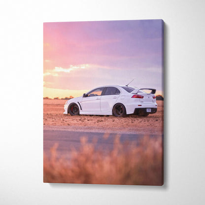 White Mitsubishi Evo 10 on desert road at sunset vertical canvas wall art.