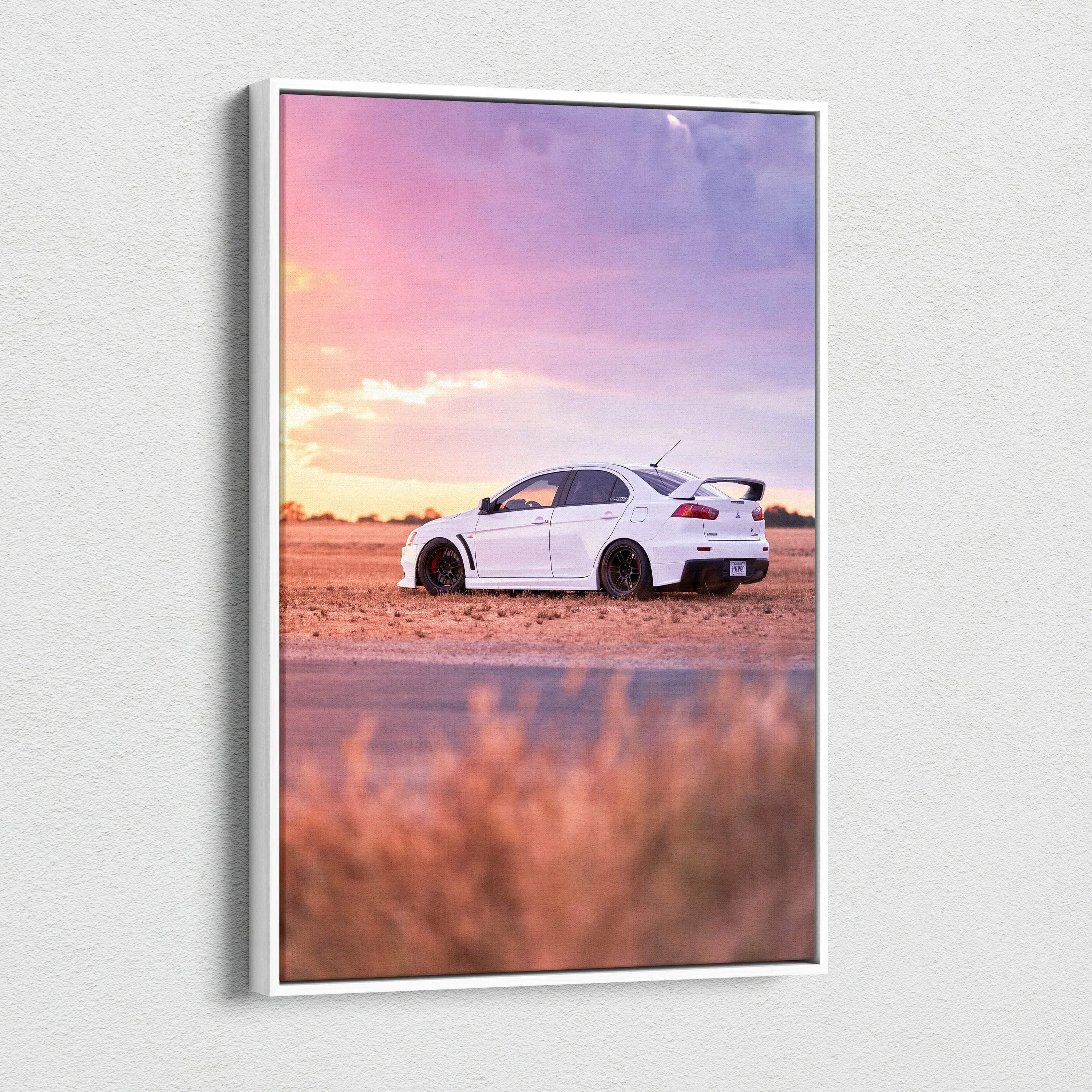 Mitsubishi Evo 10 white car on desert road at sunset vertical canvas wall art.