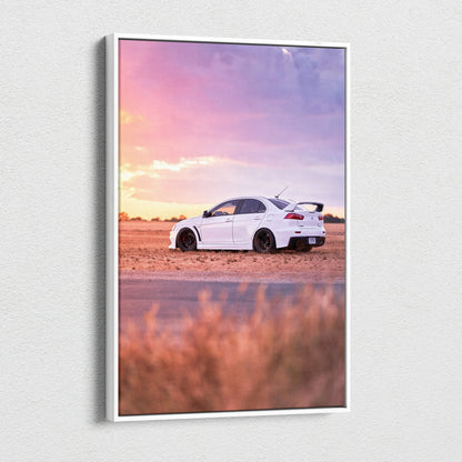 Mitsubishi Evo 10 white car on desert road at sunset vertical canvas wall art.