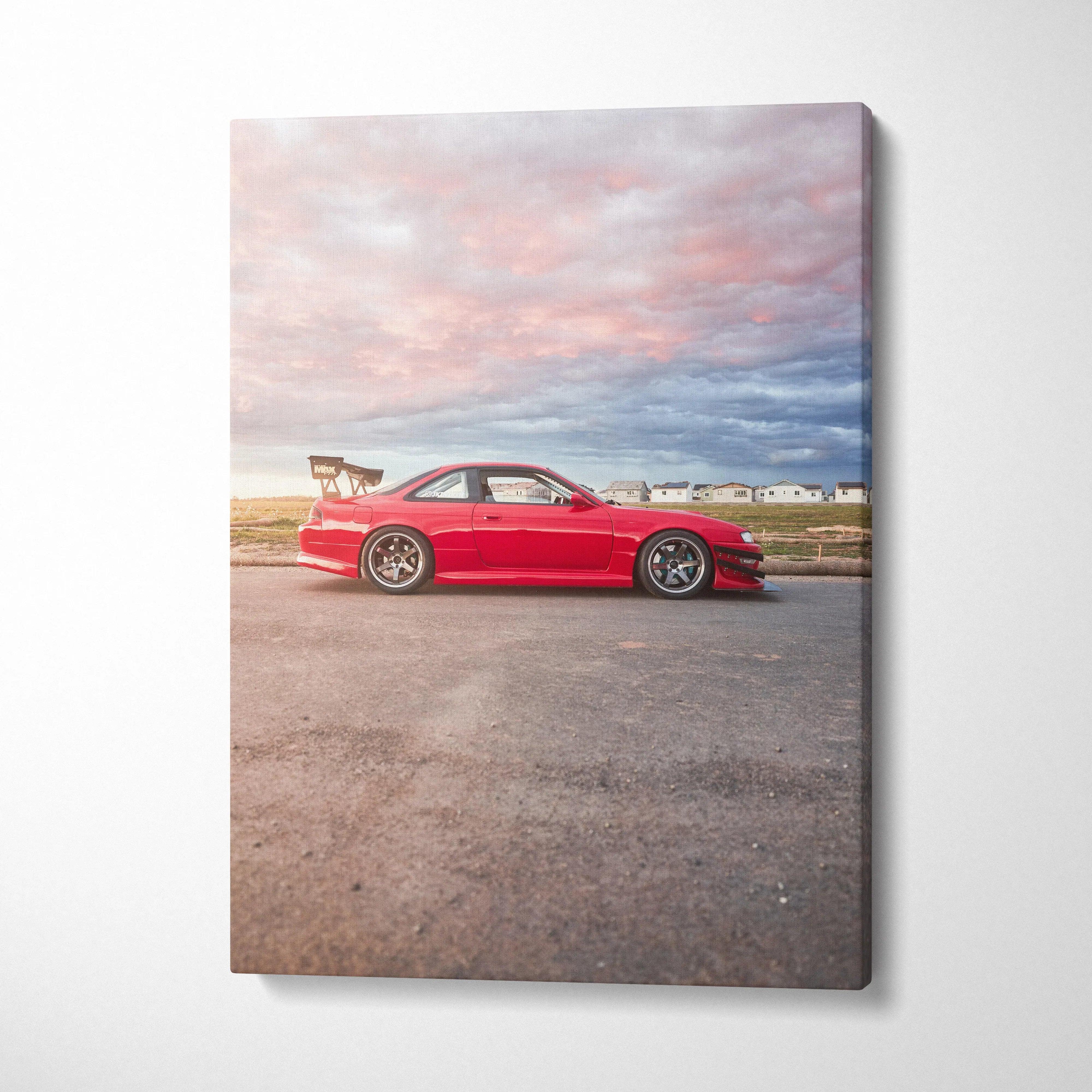Red Nissan 240sx S14 Kouki on asphalt with cloudy sky vertical canvas wall art.