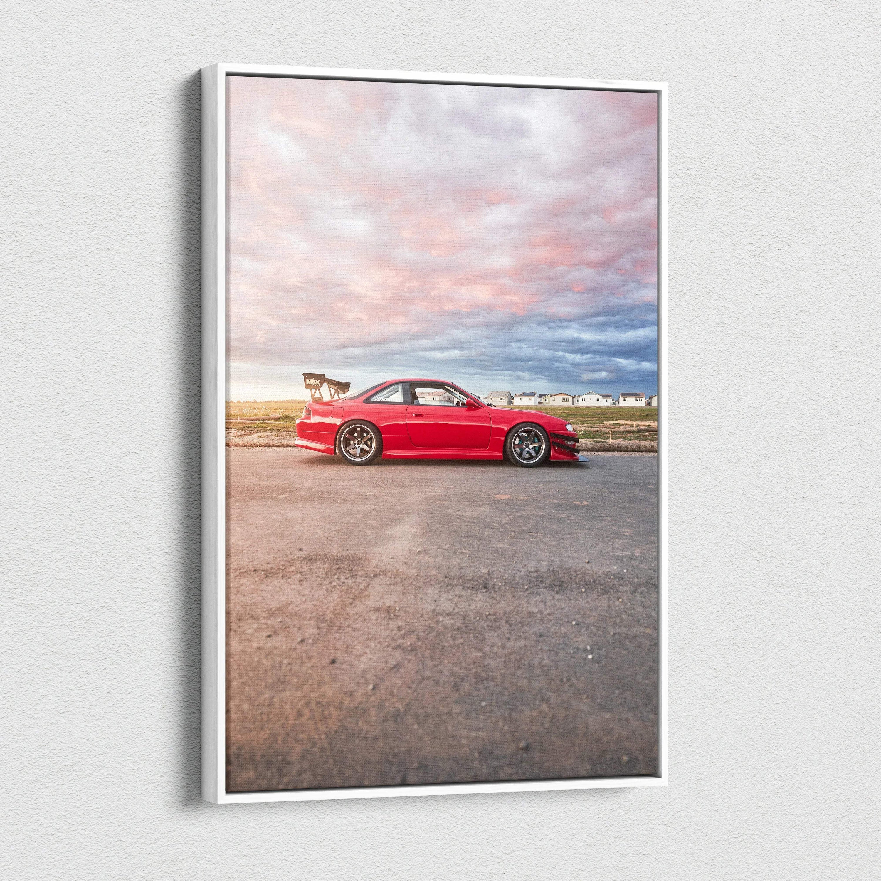 Vertical canvas art of red Nissan 240sx S14 Kouki against a colorful sky, wall art print.