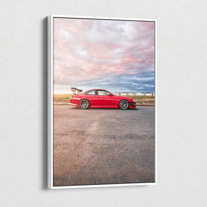 Vertical canvas art of red Nissan 240sx S14 Kouki against a colorful sky, wall art print.