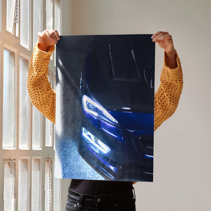 Subaru WRX headlight close-up poster with sleek blue and black tones wall art.