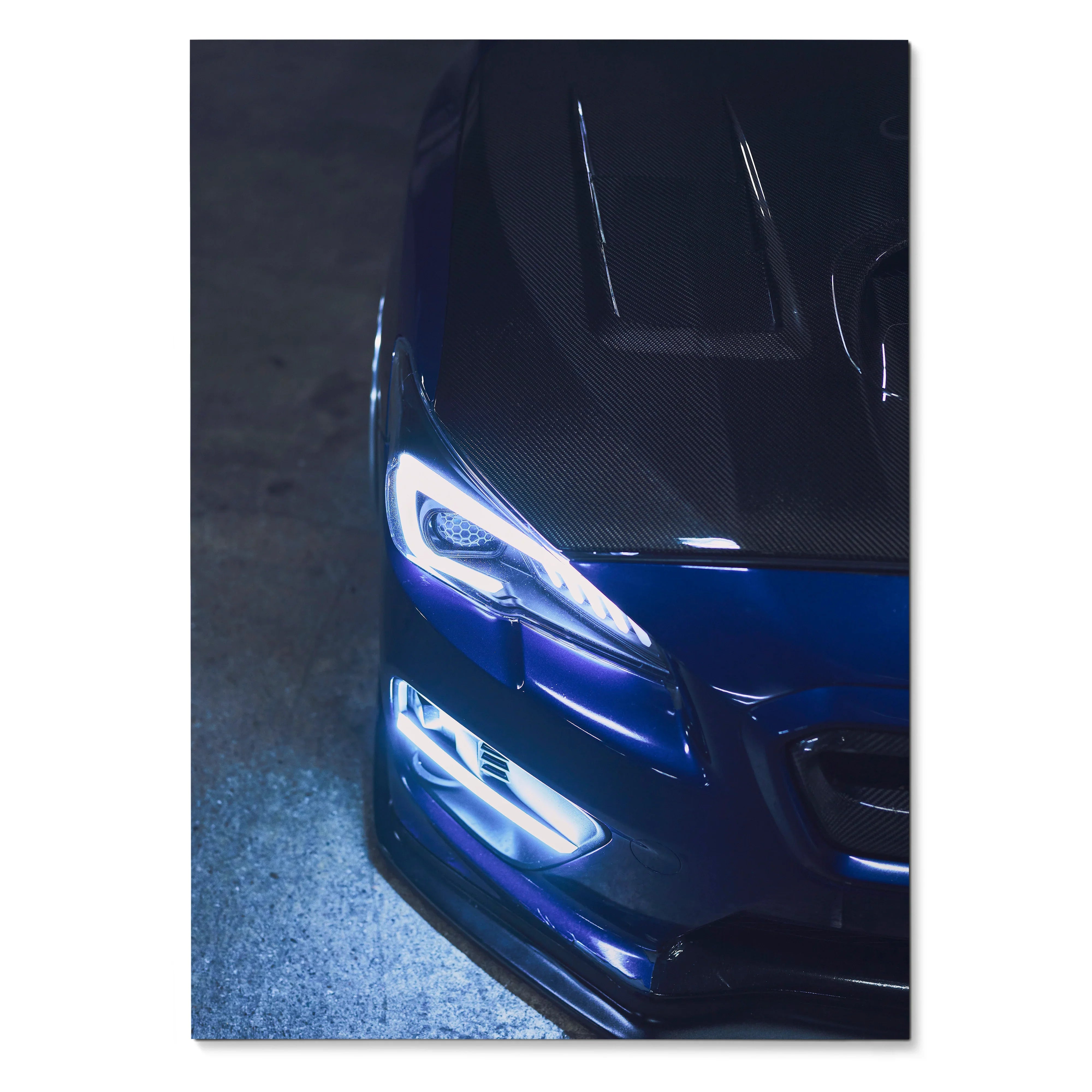 Subaru WRX close-up with sleek headlights glowing in dark blue poster wall art.
