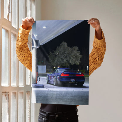 Acura NSX poster featuring rear view of sports car at night, high-performance wall art.