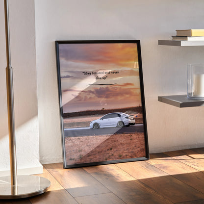 Subaru WRX motivational poster with inspiring text and scenic sunset as wall art in black frame.