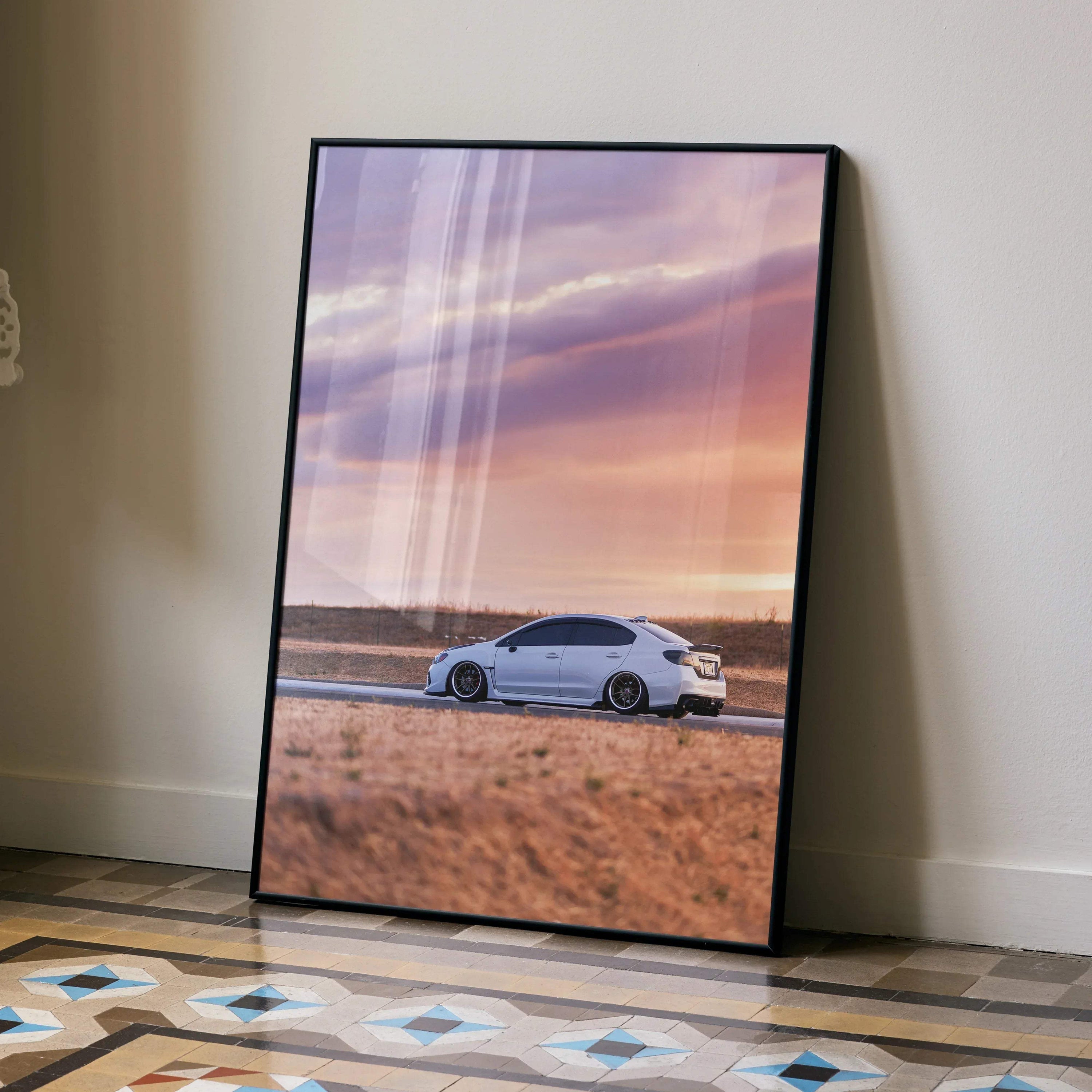 Subaru WRX car poster with sunset background, premium wall art in black frame.