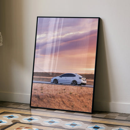Subaru WRX car poster with sunset background, premium wall art in black frame.