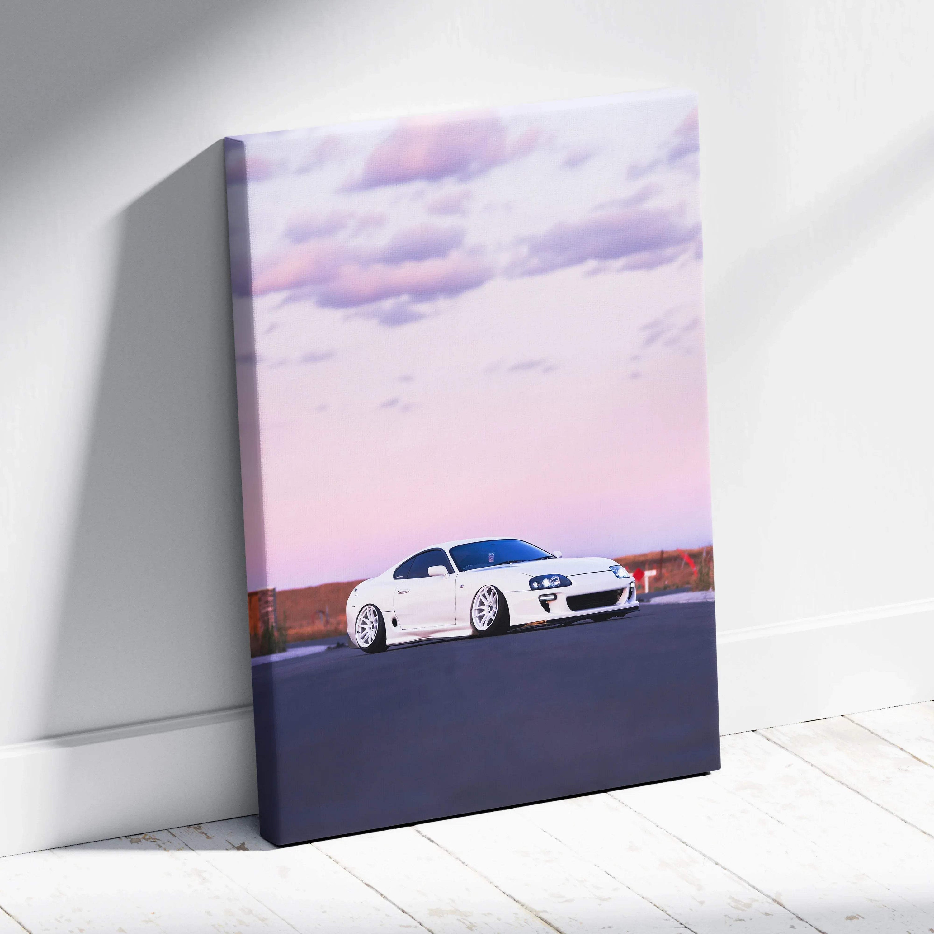 Toyota Supra MK4 canvas art with white car on purple sky background vertical wall art.