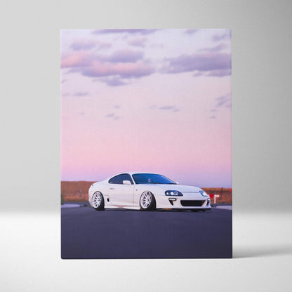 Toyota Supra MK4 white sports car on road with purple sky vertical canvas wall art.